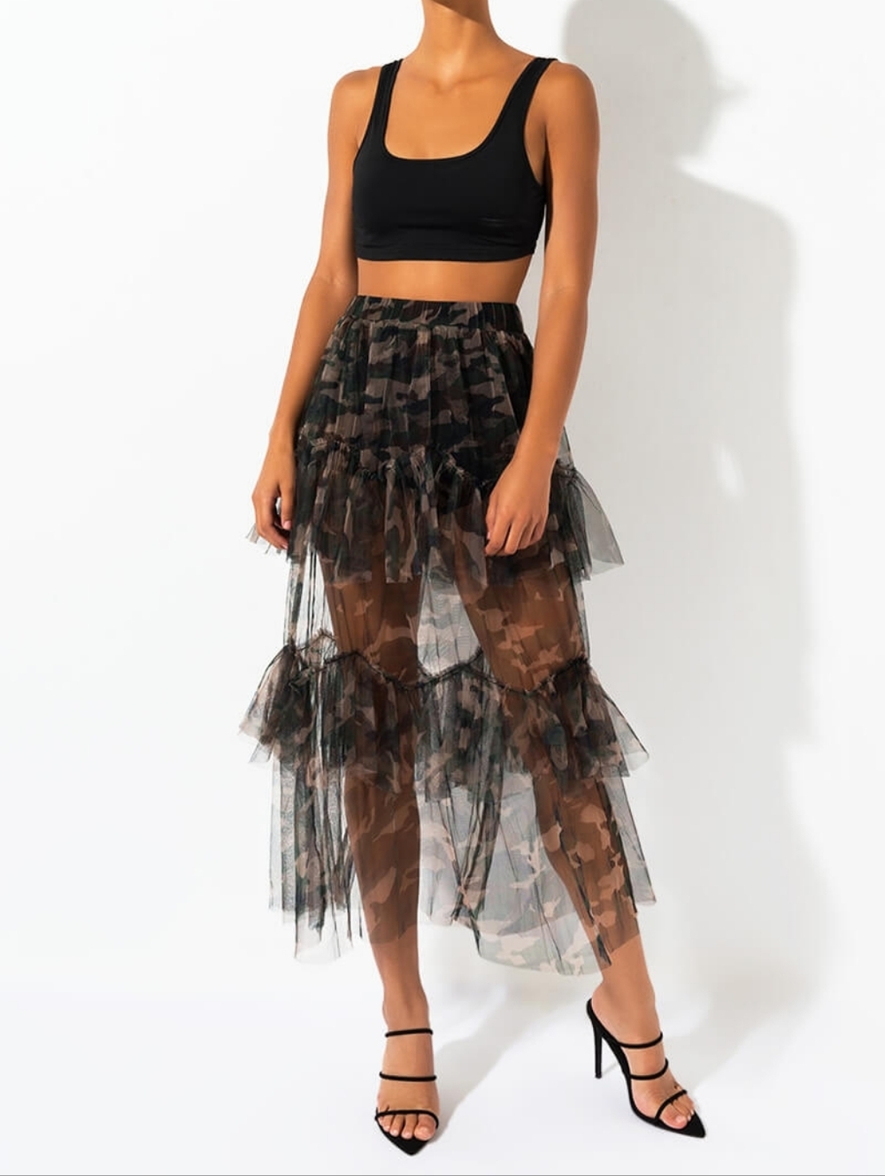 Camo Army Fatigue Pattern Sheer Maxi Tiered Mesh Tulle Ruffled Skirt